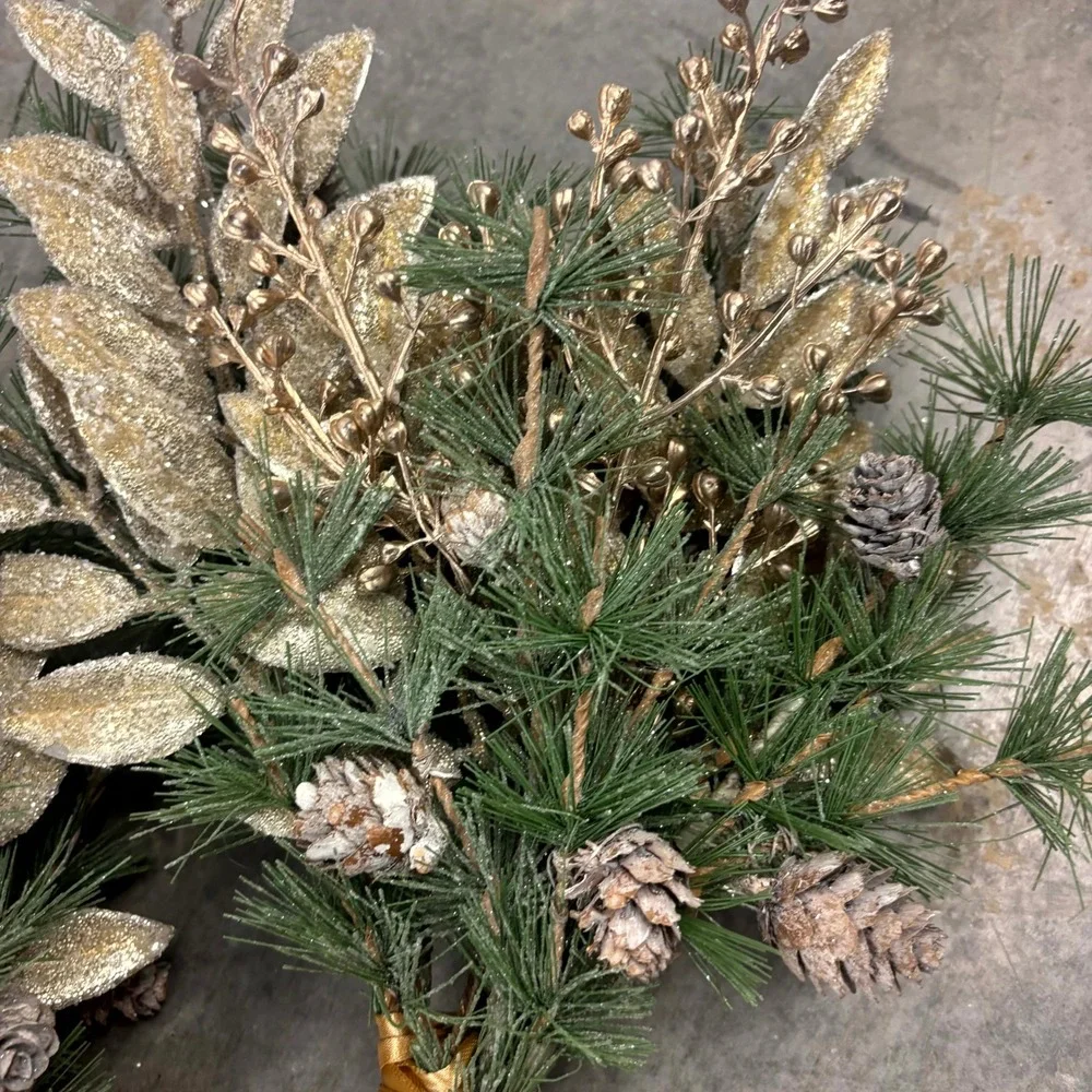 Set of 4 Winter Pine Floral Picks Gold Leaves Pinecones Holiday Christmas Decor